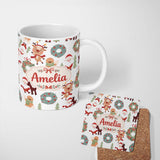 Personalized Custom Name Cute Santa Reindeer Gingerbread Wreath Seamless Pattern Lovely 11oz Ceramic Coffee Tea Mug White Large Handle