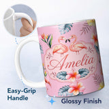 Personalized Custom Name Elegant Pink Flamingos Tropical Flowers on Blush Pink Background 11oz Ceramic Coffee Tea Mug White Large Handle