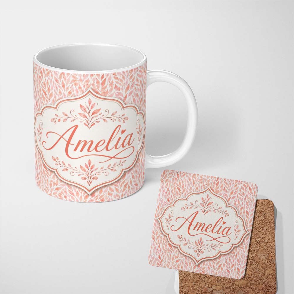Personalized Custom Name Soft Coral Leaf Botanical Texture Seamless Pattern Cute Unique Gift 11oz Ceramic Coffee Tea Mug White Large Handle