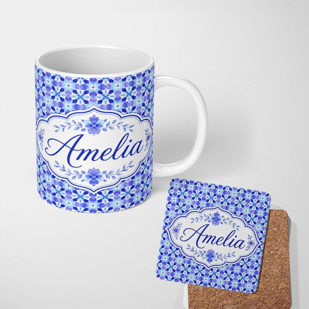 Personalized Custom Name Blue Kaleidoscope Floral Tile Seamless Pattern Symmetrical Geometric 11oz Ceramic Coffee Tea Mug White Large Handle