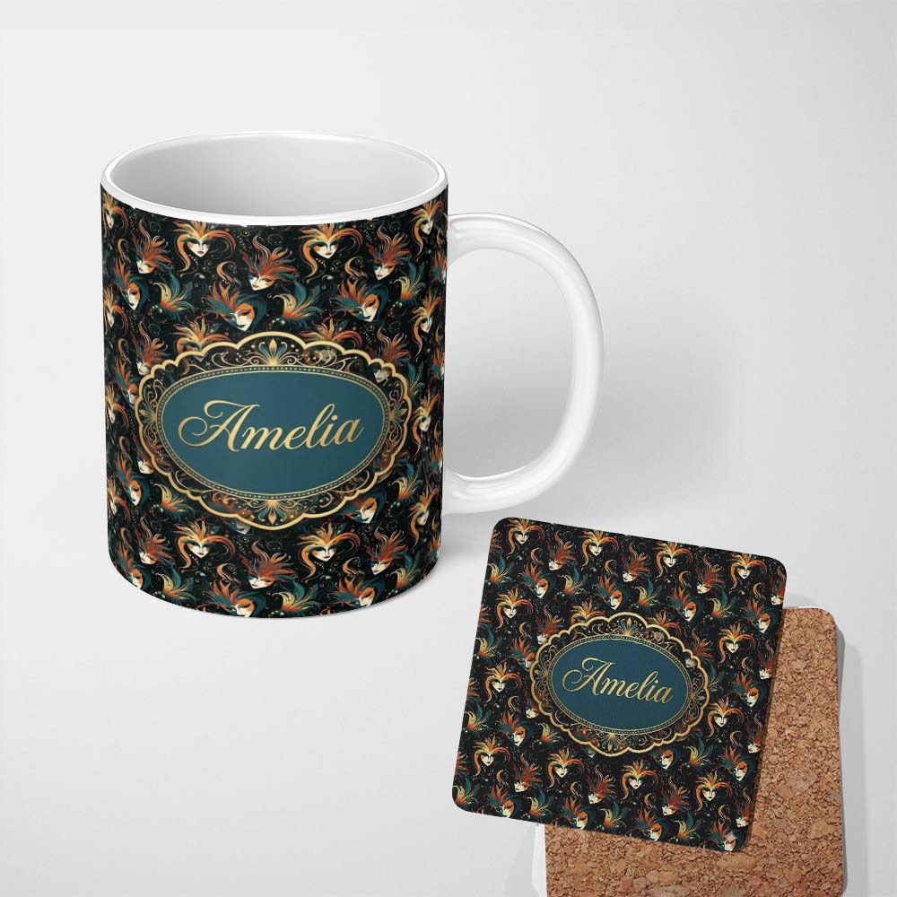 Personalized Custom Name Stylised Fantasy Mask Pattern with Flowing Hair in Warm Orange and 11oz Ceramic Coffee Tea Mug White Large Handle