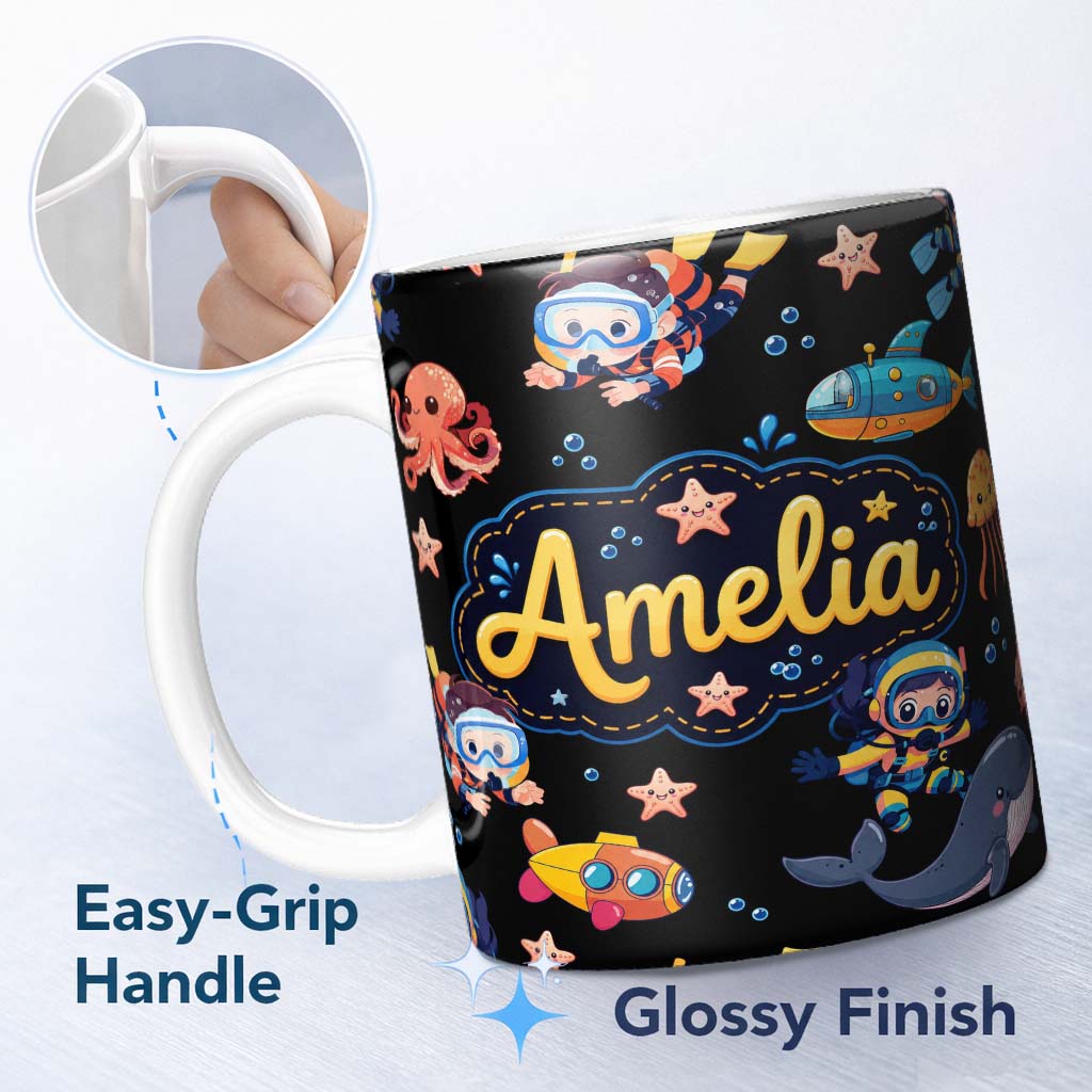 Personalized Custom Name Underwater with Scuba Divers Starfish and Whale on  Grey Lovely 11oz Ceramic Coffee Tea Mug White Large Handle