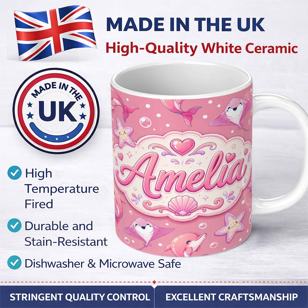 Personalized Custom Name Cute Pink Dolphin Stingray Starfish Ocean Creatures Pink Polka Dot 11oz Ceramic Coffee Tea Mug White Large Handle