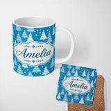 Personalized Custom Name Snowy Blue Winter Christmas Trees Snowflakes Seamless Pattern Lovely 11oz Ceramic Coffee Tea Mug White Large Handle