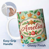 Personalized Custom Name Colorful Christmas Baubles Stars Pine Branches Festive Seamless 11oz Ceramic Coffee Tea Mug White Large Handle