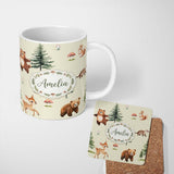 Personalized Custom Name Cute Woodland Forest Animals Bear Bunny Deer on Light Grey Lovely 11oz Ceramic Coffee Tea Mug White Large Handle