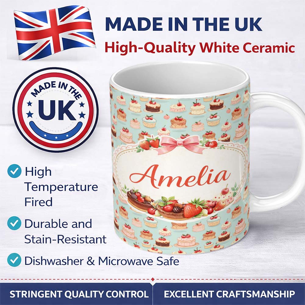 Personalized Custom Name Vintage Cake Slice Seamless Pattern Dessert Food Illustration Design 11oz Ceramic Coffee Tea Mug White Large Handle