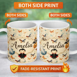 Personalized Custom Name Vintage Style Butterflies with Soft Pastel Texture Seamless Pattern 11oz Ceramic Coffee Tea Mug White Large Handle