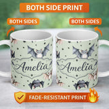 Personalized Custom Name Cute Watercolor Bats and Stars Seamless Pattern Soft Green Lovely 11oz Ceramic Coffee Tea Mug White Large Handle