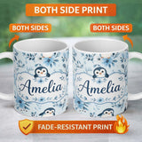 Personalized Custom Name Cute Penguin with Blue Floral Background Seamless Pattern Lovely 11oz Ceramic Coffee Tea Mug White Large Handle