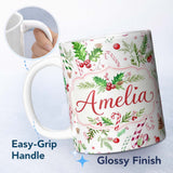 Personalized Custom Name Watercolor Candy Cane Holly Berry Pinecone Christmas Seamless Lovely 11oz Ceramic Coffee Tea Mug White Large Handle