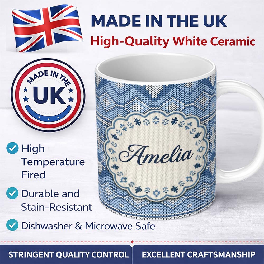 Personalized Custom Name Blue Nordic Knitted Christmas Pattern Seamless Beautiful Coffee Cup 11oz Ceramic Coffee Tea Mug White Large Handle