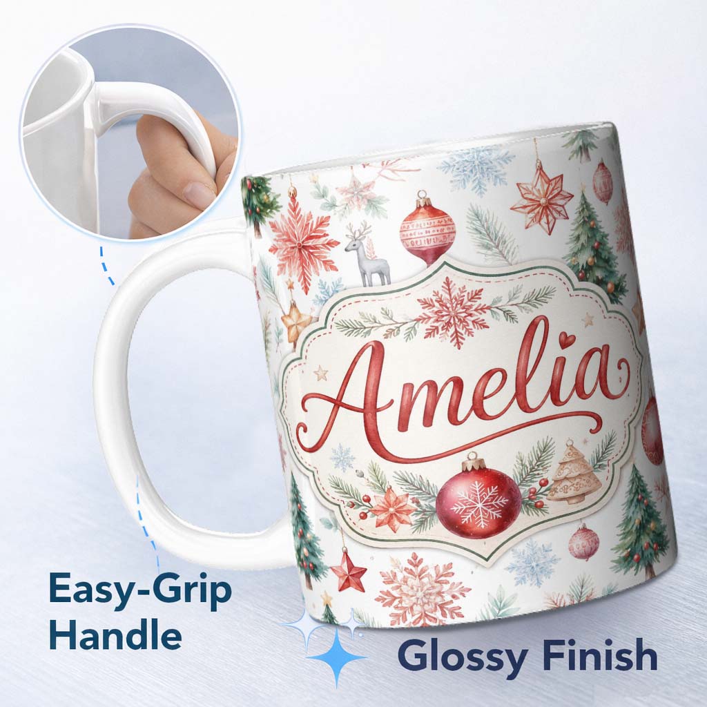 Personalized Custom Name Vintage Christmas Ornament Tree Star Deer Holiday Seamless Pattern 11oz Ceramic Coffee Tea Mug White Large Handle