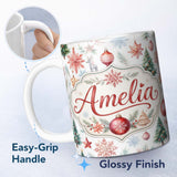 Personalized Custom Name Vintage Christmas Ornament Tree Star Deer Holiday Seamless Pattern 11oz Ceramic Coffee Tea Mug White Large Handle