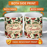 Personalized Custom Name Festive Christmas Gifts Stockings Holly Leaves Bells Seamless Lovely 11oz Ceramic Coffee Tea Mug White Large Handle