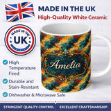 Personalized Custom Name Bold Abstract Paint Splash Teal Mustard Red Flow Pattern Lovely 11oz Ceramic Coffee Tea Mug White Large Handle
