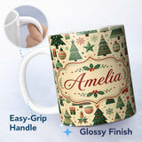 Personalized Custom Name Scandinavian Christmas Trees Ornaments Nordic Style Seamless Pattern 11oz Ceramic Coffee Tea Mug White Large Handle