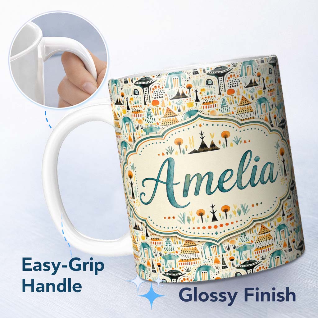 Personalized Custom Name Whimsical Tribal Village Houses TreesAbstract Landscape Seamless 11oz Ceramic Coffee Tea Mug White Large Handle