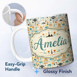 Personalized Custom Name Whimsical Tribal Village Houses TreesAbstract Landscape Seamless 11oz Ceramic Coffee Tea Mug White Large Handle