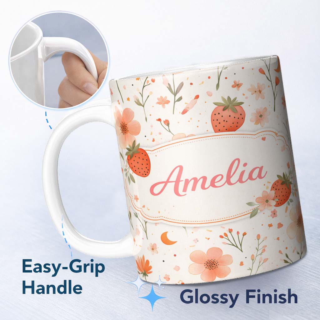 Personalized Custom Name Strawberry and Floral Cute Summer Pattern Charming Kitchen Decor 11oz Ceramic Coffee Tea Mug White Large Handle