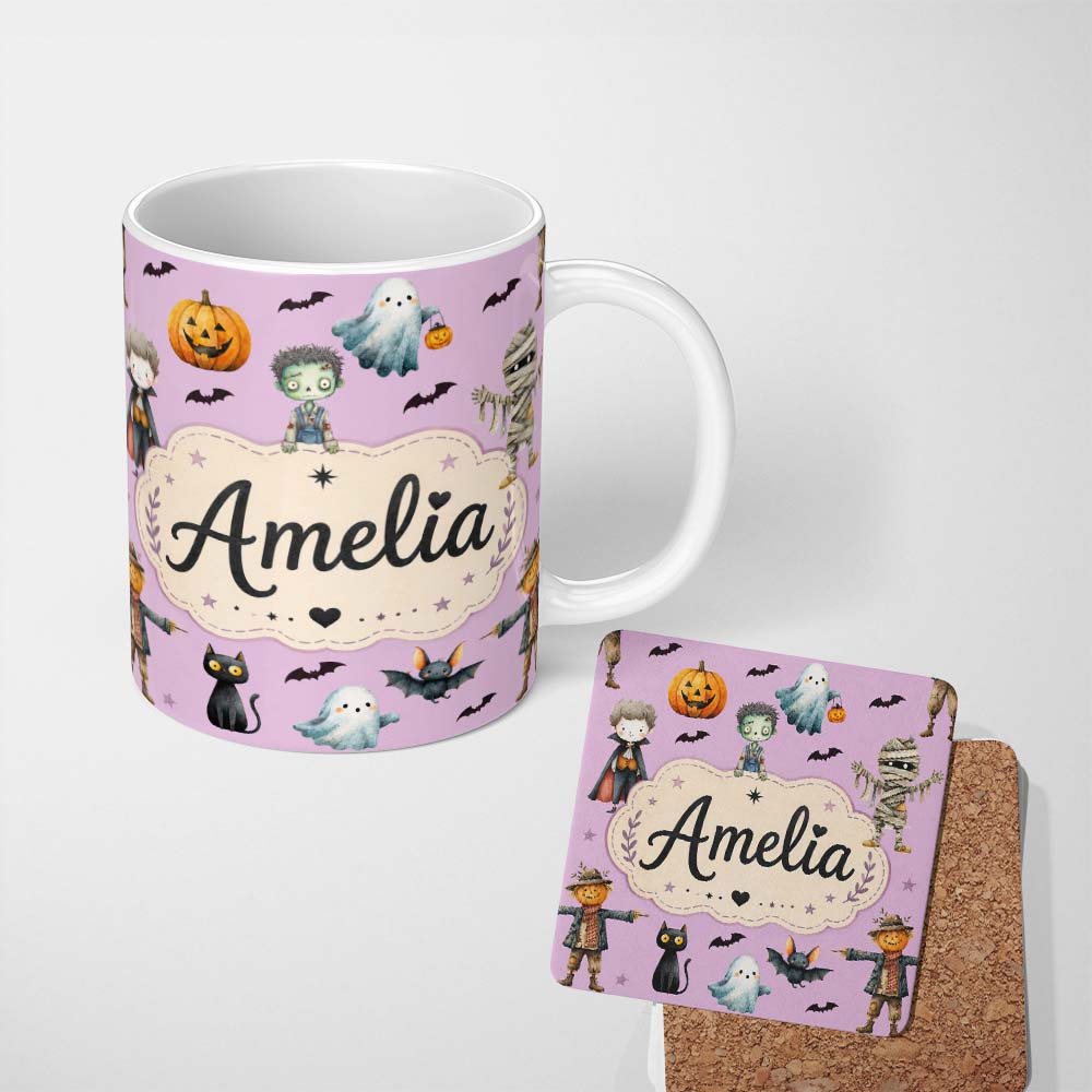 Personalized Custom Name Halloween Zombie Mummy Vampire Bat Spooky Purple Seamless Pattern 11oz Ceramic Coffee Tea Mug White Large Handle