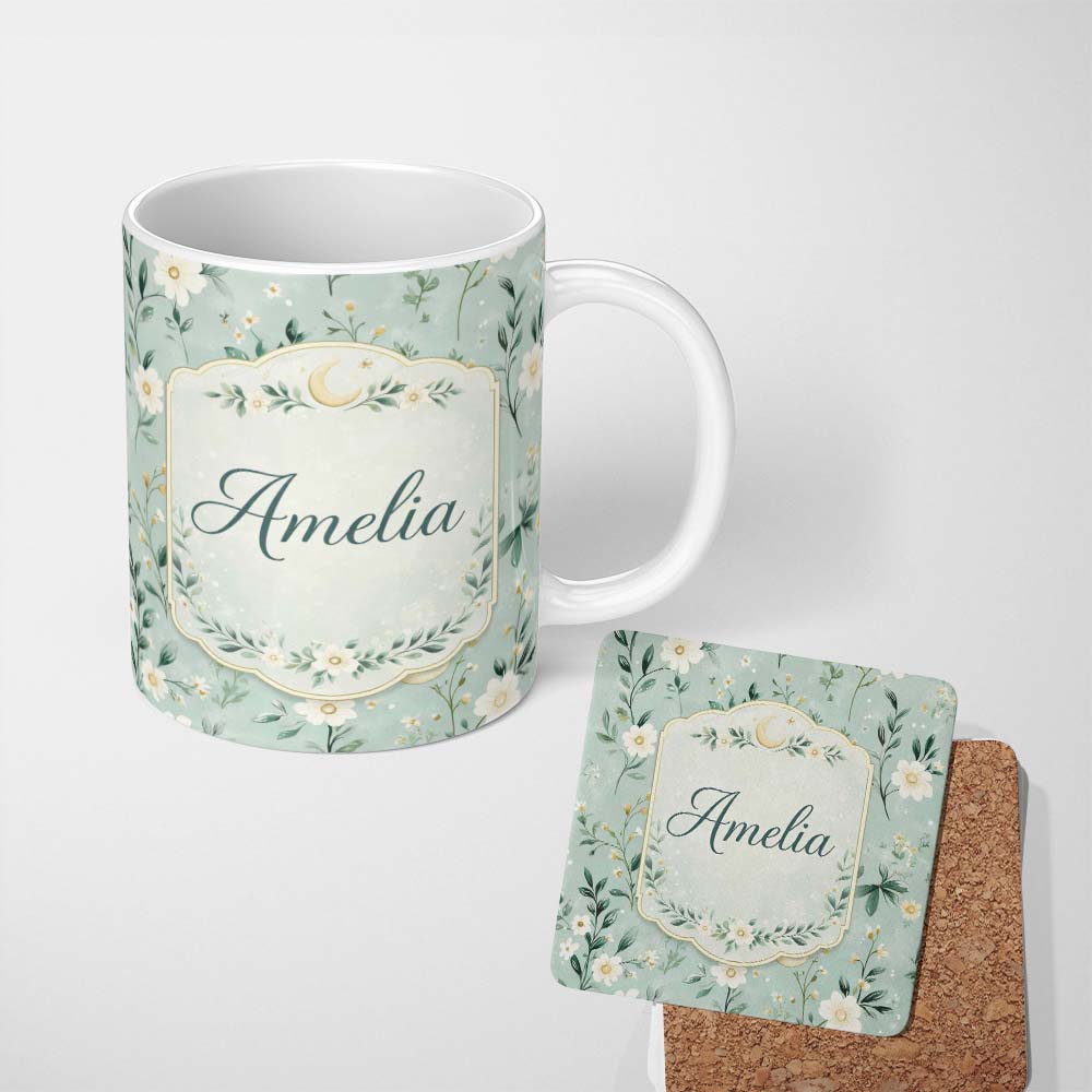 Personalized Custom Name Green Floral Moon Seamless Pattern Charming Kitchen Decor Lovely 11oz Ceramic Coffee Tea Mug White Large Handle