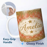Personalized Custom Name Gold Glitter Drip Plaid Star Seamless Pattern Design Sparkle Lovely 11oz Ceramic Coffee Tea Mug White Large Handle