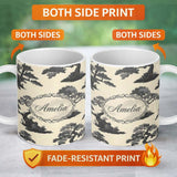 Personalized Custom Name Elegant Bonsai Trees on Neutral Background Pattern Asian Botanical 11oz Ceramic Coffee Tea Mug White Large Handle