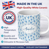 Personalized Custom Name Soft Blue Botanical Watercolor Leaf Seamless Pattern Lovely 11oz Ceramic Coffee Tea Mug White Large Handle