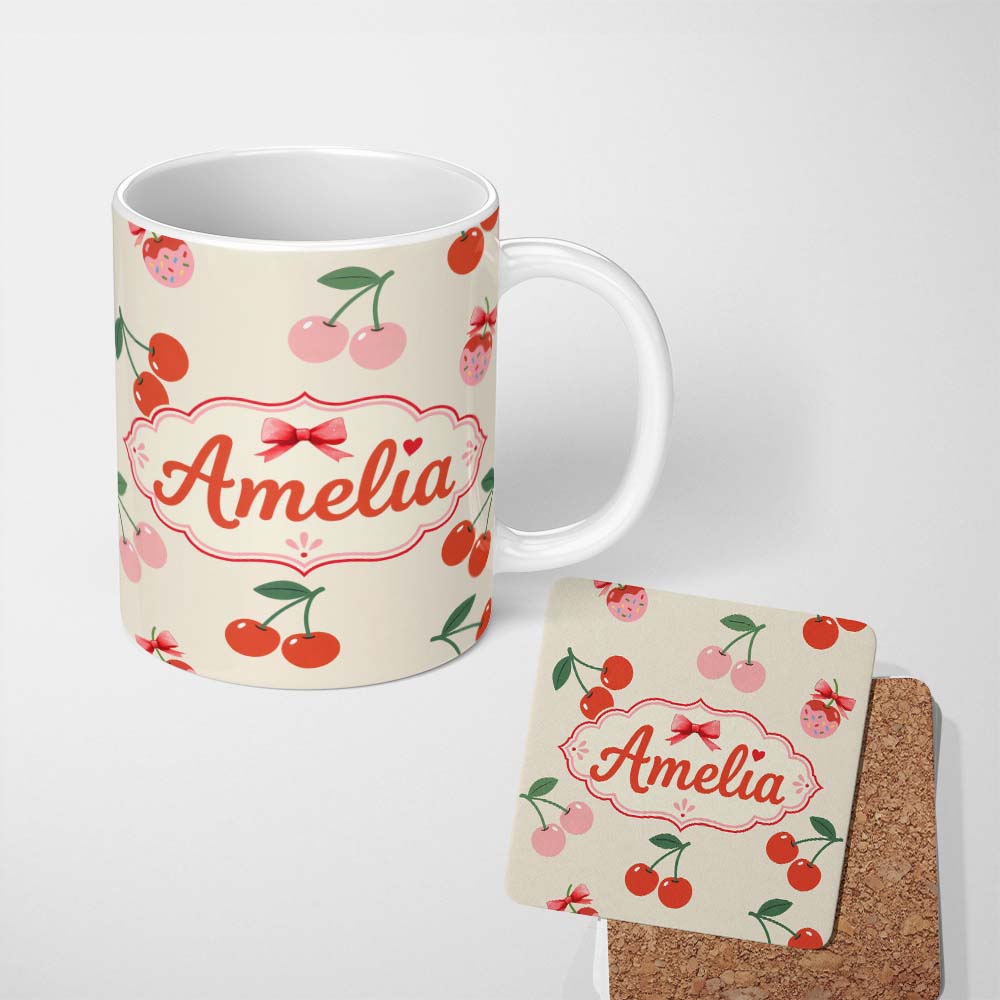 Personalized Custom Name Cherry Fruit Blue Gingham Picnic Check Seamless Pattern Lovely 11oz Ceramic Coffee Tea Mug White Large Handle