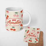 Personalized Custom Name Cherry Fruit Blue Gingham Picnic Check Seamless Pattern Lovely 11oz Ceramic Coffee Tea Mug White Large Handle
