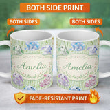 Personalized Custom Name Pastel Bunny Meadow Spring Seamless Pattern Charming Kitchen Decor 11oz Ceramic Coffee Tea Mug White Large Handle