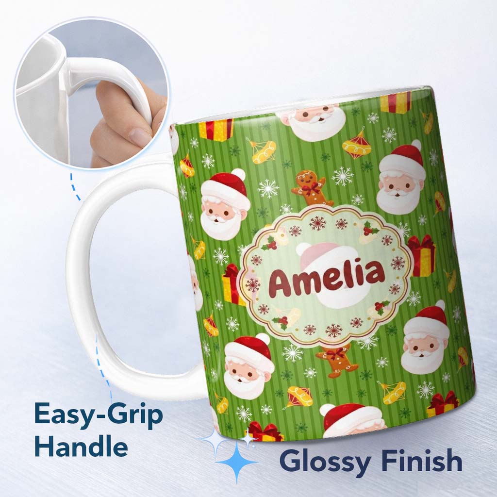 Personalized Custom Name Cute Santa Claus Gingerbread Gift Snowflake Festive Seamless Pattern 11oz Ceramic Coffee Tea Mug White Large Handle