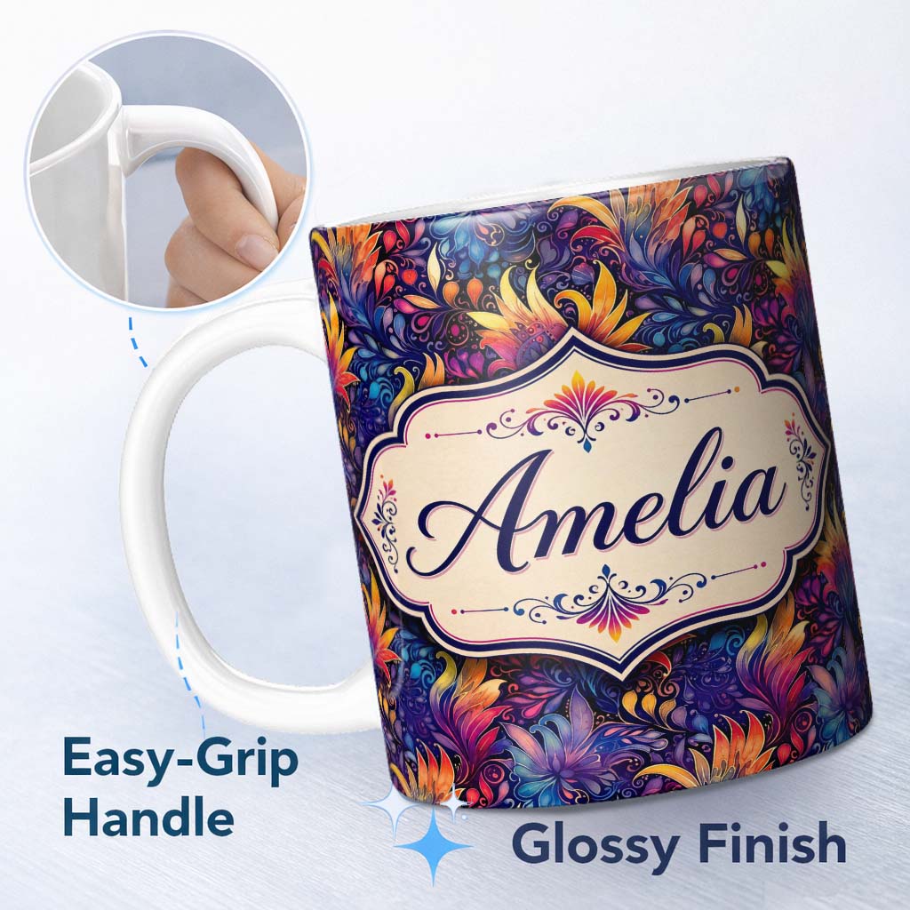 Personalized Custom Name Vibrant Multicolour Fantasy Floral Seamless Pattern Cute Unique Gift 11oz Ceramic Coffee Tea Mug White Large Handle
