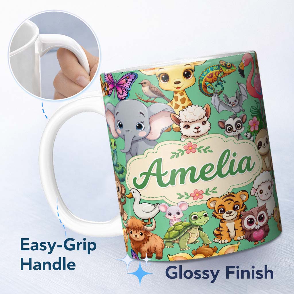 Personalized Custom Name Cute Cartoon Jungle Safari Animals Seamless Pattern on Green Lovely 11oz Ceramic Coffee Tea Mug White Large Handle