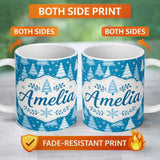 Personalized Custom Name Snowy Winter Pine Trees with Falling Snowflakes Festive Blue Lovely 11oz Ceramic Coffee Tea Mug White Large Handle