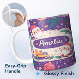 Personalized Custom Name Santa Sleigh Gifts Purple Christmas Festive Seamless Pattern Lovely 11oz Ceramic Coffee Tea Mug White Large Handle