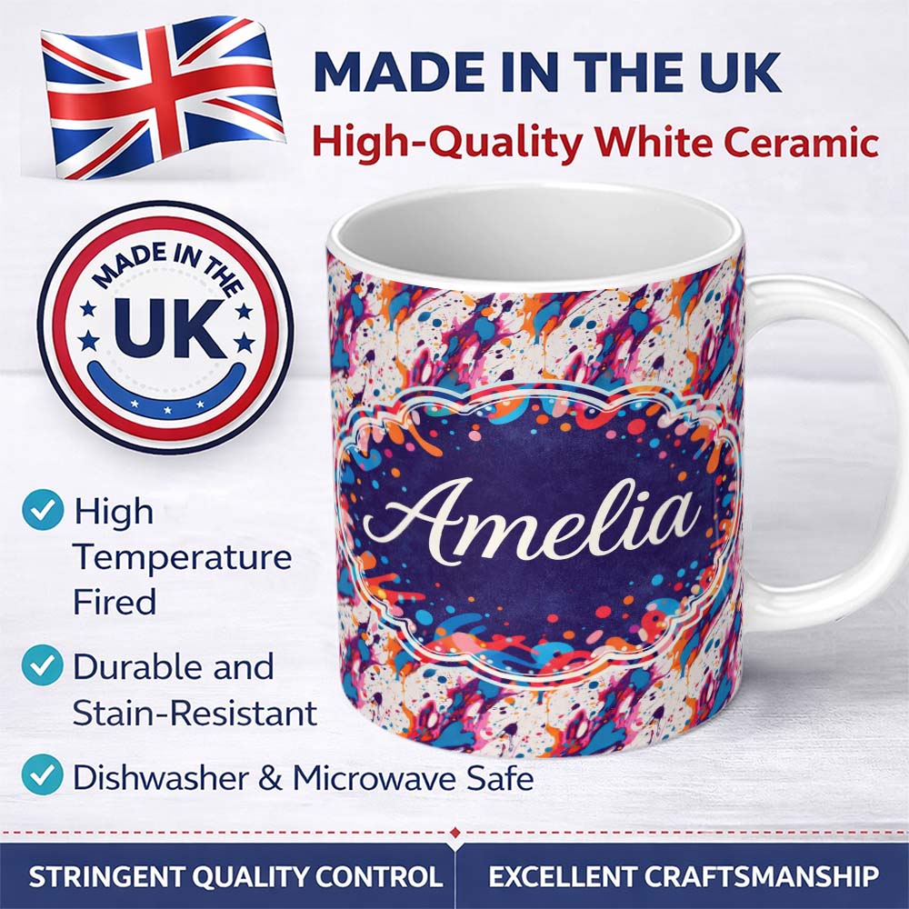 Personalized Custom Name Dynamic Paint Splatter White Background Abstract Pattern Lovely 11oz Ceramic Coffee Tea Mug White Large Handle