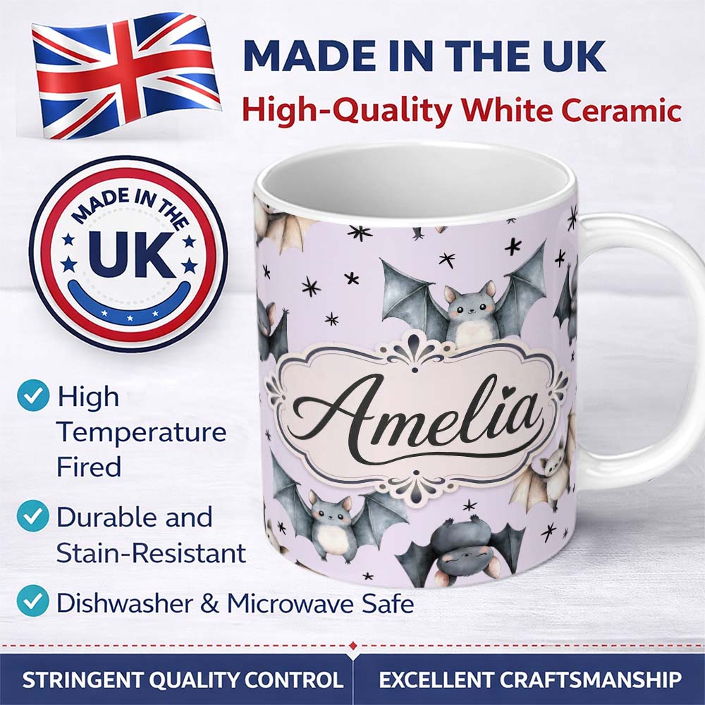 Personalized Custom Name Cute Watercolor Bats and Stars Seamless Pattern Pastel Lilac Lovely 11oz Ceramic Coffee Tea Mug White Large Handle