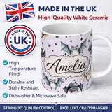 Personalized Custom Name Cute Watercolor Bats and Stars Seamless Pattern Pastel Lilac Lovely 11oz Ceramic Coffee Tea Mug White Large Handle