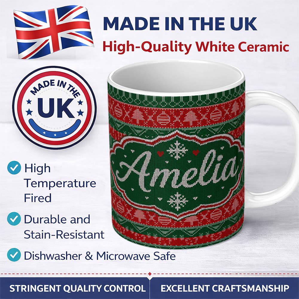 Personalized Custom Name Red Green Nordic Christmas Ornament Tree Heart Knit Seamless Pattern 11oz Ceramic Coffee Tea Mug White Large Handle