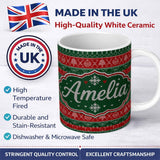 Personalized Custom Name Red Green Nordic Christmas Ornament Tree Heart Knit Seamless Pattern 11oz Ceramic Coffee Tea Mug White Large Handle
