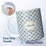 Personalized Custom Name Soft Blue Lotus Style Floral Repeat Seamless Pattern Lovely 11oz Ceramic Coffee Tea Mug White Large Handle