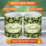 Personalized Custom Name Black Background Green Floral Botanical Seamless Pattern Lovely 11oz Ceramic Coffee Tea Mug White Large Handle
