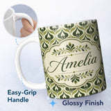 Personalized Custom Name Green Abstract Damask on Cream Background Mid Century Style Lovely 11oz Ceramic Coffee Tea Mug White Large Handle