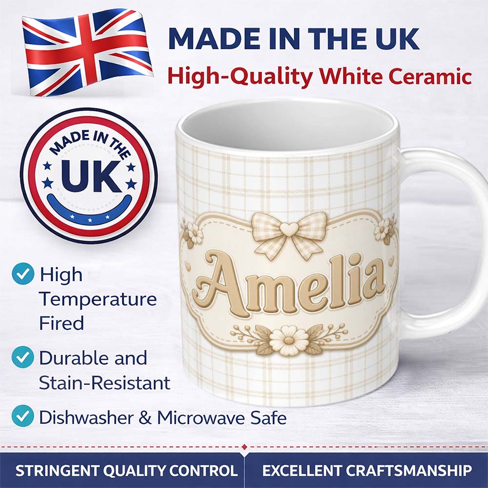 Personalized Custom Name Beige Plaid Check Seamless Pattern on Soft White Background Lovely 11oz Ceramic Coffee Tea Mug White Large Handle