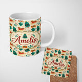 Personalized Custom Name Modern Christmas Sleigh Tree Gift Flat Design Seamless Pattern 11oz Ceramic Coffee Tea Mug White Large Handle