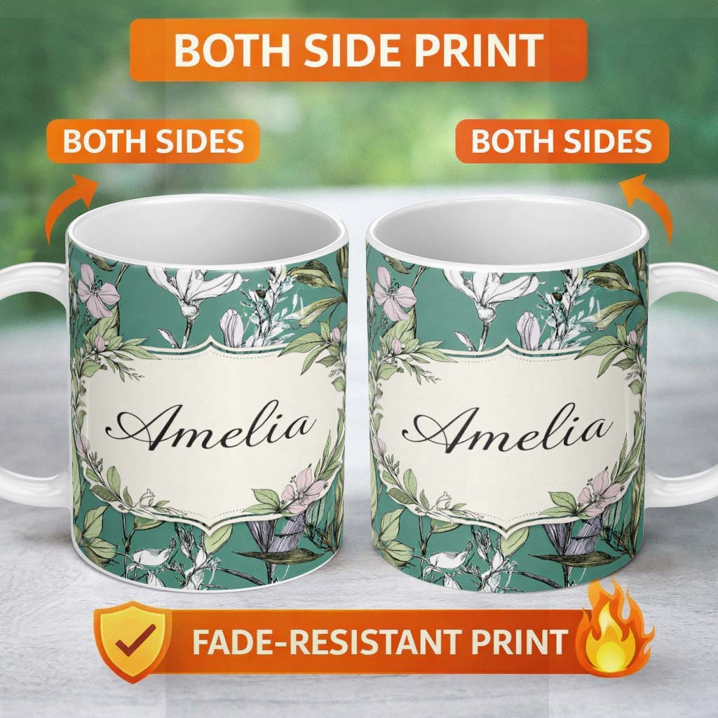 Personalized Custom Name Vintage Botanical Floral Sketch Teal Background Seamless Pattern 11oz Ceramic Coffee Tea Mug White Large Handle