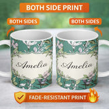 Personalized Custom Name Vintage Botanical Floral Sketch Teal Background Seamless Pattern 11oz Ceramic Coffee Tea Mug White Large Handle