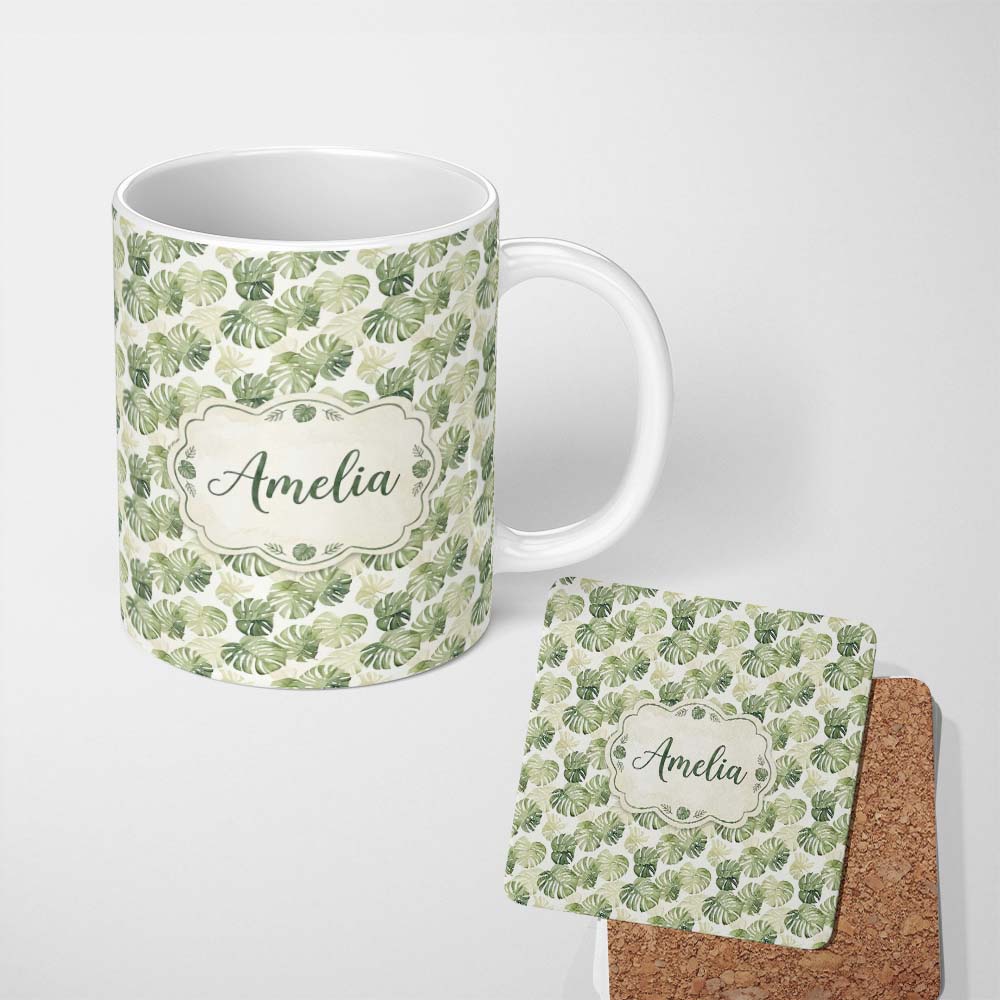 Personalized Custom Name Minimal Pale Green Monstera Leaves Elegant Seamless Pattern Lovely 11oz Ceramic Coffee Tea Mug White Large Handle